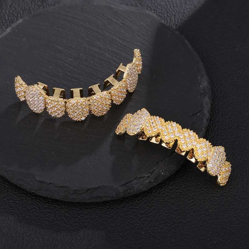 Hip Hop All Ice CZ Stone Teeth Grillz Hat Cube Zircon Micro Lay Top and Bottom Charm Barbecue Set W250412