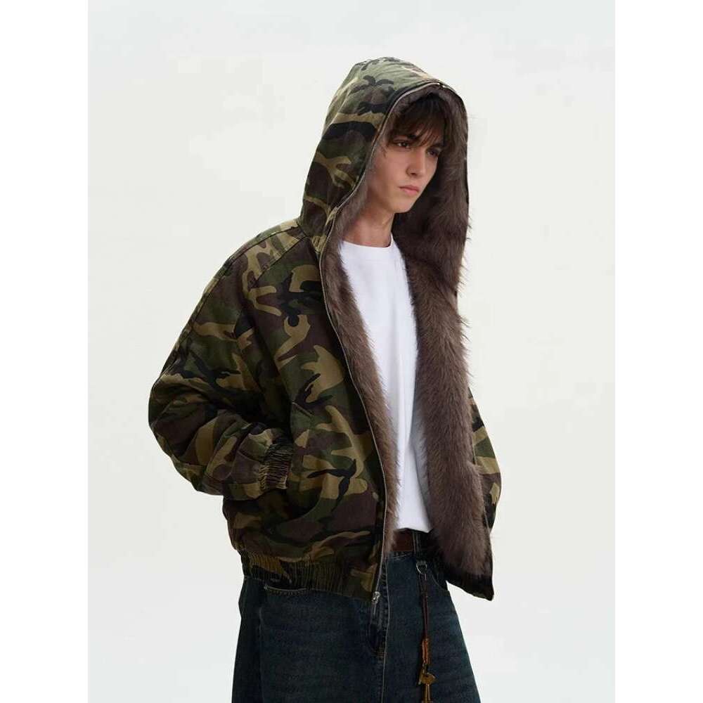 American Retro Old Camouflage Parkas Loose Thickened Warm Fur Collar Hooded Jacket