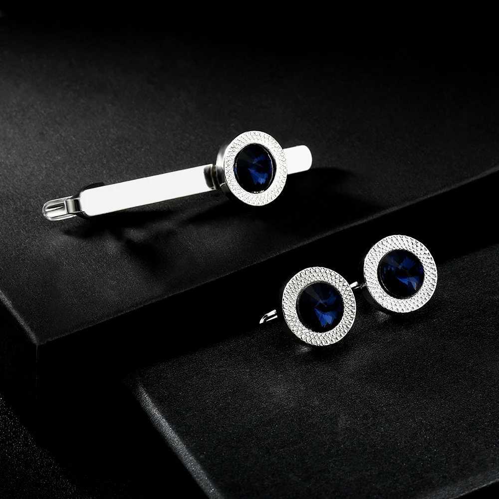 Texture Mens Blue Crystal Dustproof Round Cufflinks and Tie Clip Set Unique Whale Back Buckle Free ShippingT250412