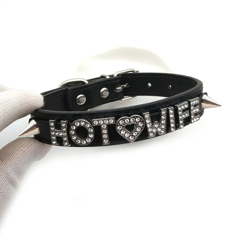 Punk rivet rhinestone letter wife necklace female girl sexy intimate leather necklace role-playing jewelry gift 250409