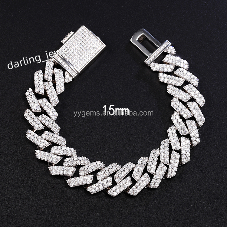 Hip Hop Jewelry 15mm Wide 2rows Cuban Link Chains VVS Moissanite White Gold Plated 925 Sterling Silver Cuban Bracelets