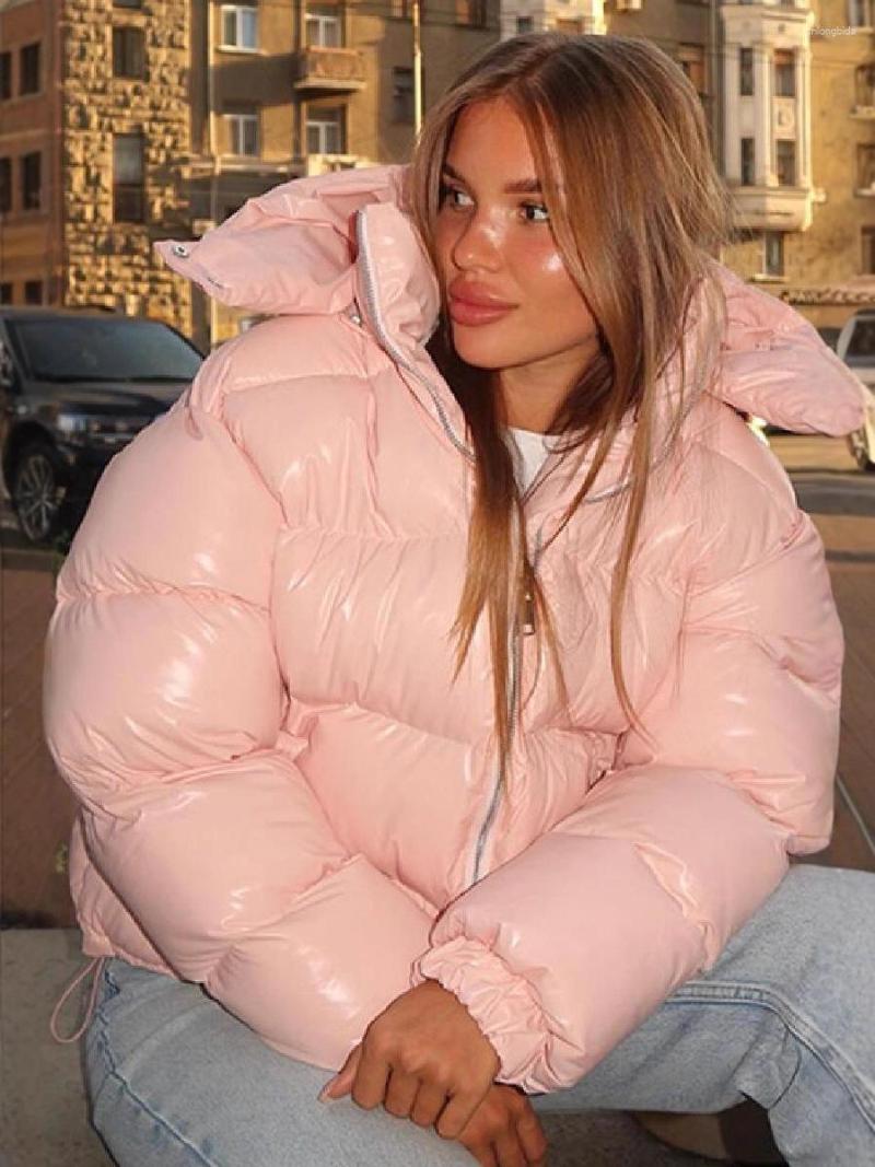 CNLONGBIDA Women's Down Solid Color Shiny Hooded Cotton-Padded Jacket Y2K Aesthetic Puffer Coat Windproof & Waterproof Down Jacket Short Length f