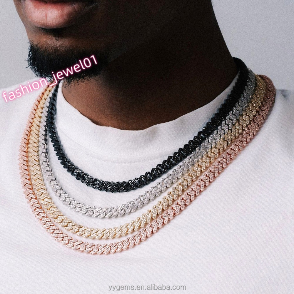 Yu Ying Pass Diamond Test 12mm Wide 2Rows Cuban Link Chain 925 Silver Hip Hop VVS Moissanite Chain Mens Jewelry