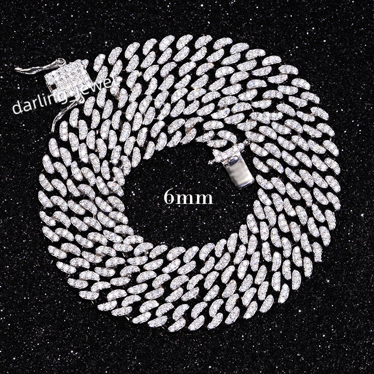 Hip Hop Chain 6mm 10mm 1 Row Diamond S925 Silver Bling Bracelet Pass Diamond Tester Moissanite Necklace Cuban Link Chain