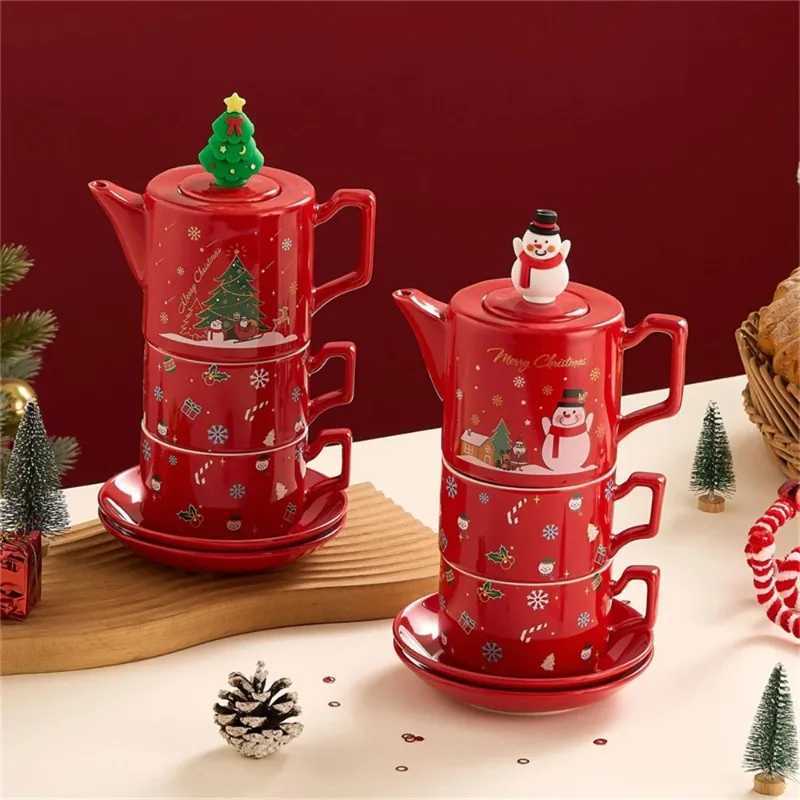 Christmas JUSTINLAU Christmas Coffee Cup Saucers Stackable Red Ceramics Teaware Sets Santa Claus Snowman Elk Teapot Teacup Xmas Gifts Y251112