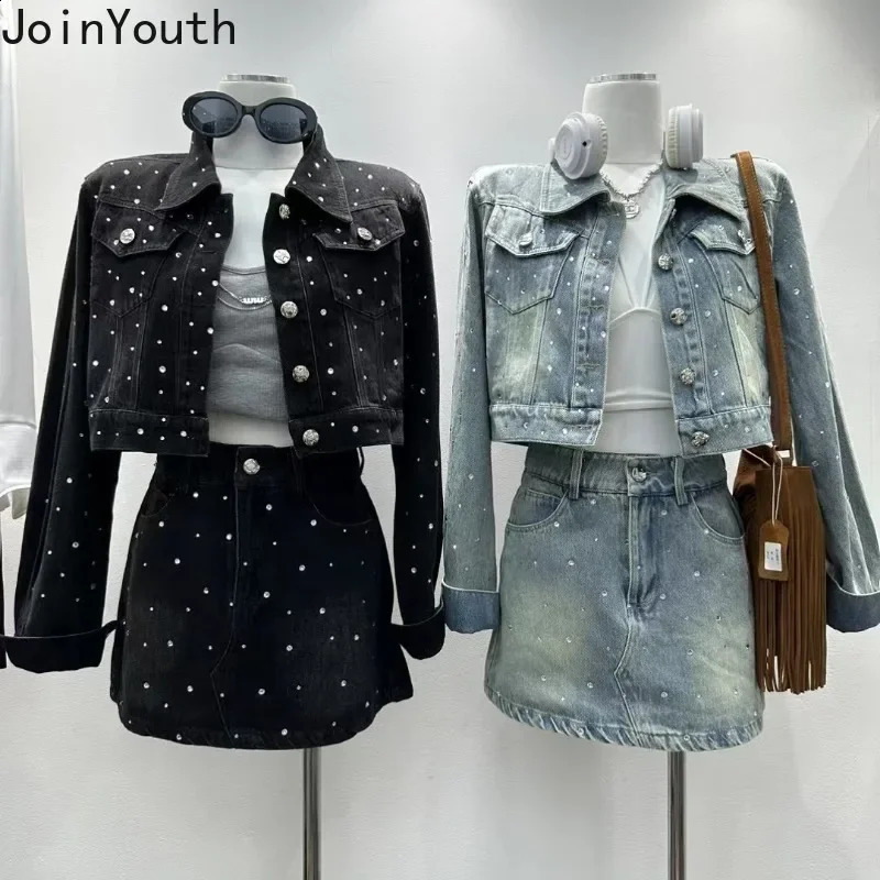 Korean Two Piece Sets Womens Outfits Temperament Crop Coat High Waist Bodycon Mini Skirt Suit Roupas Femme Diamond Denim Set 250411