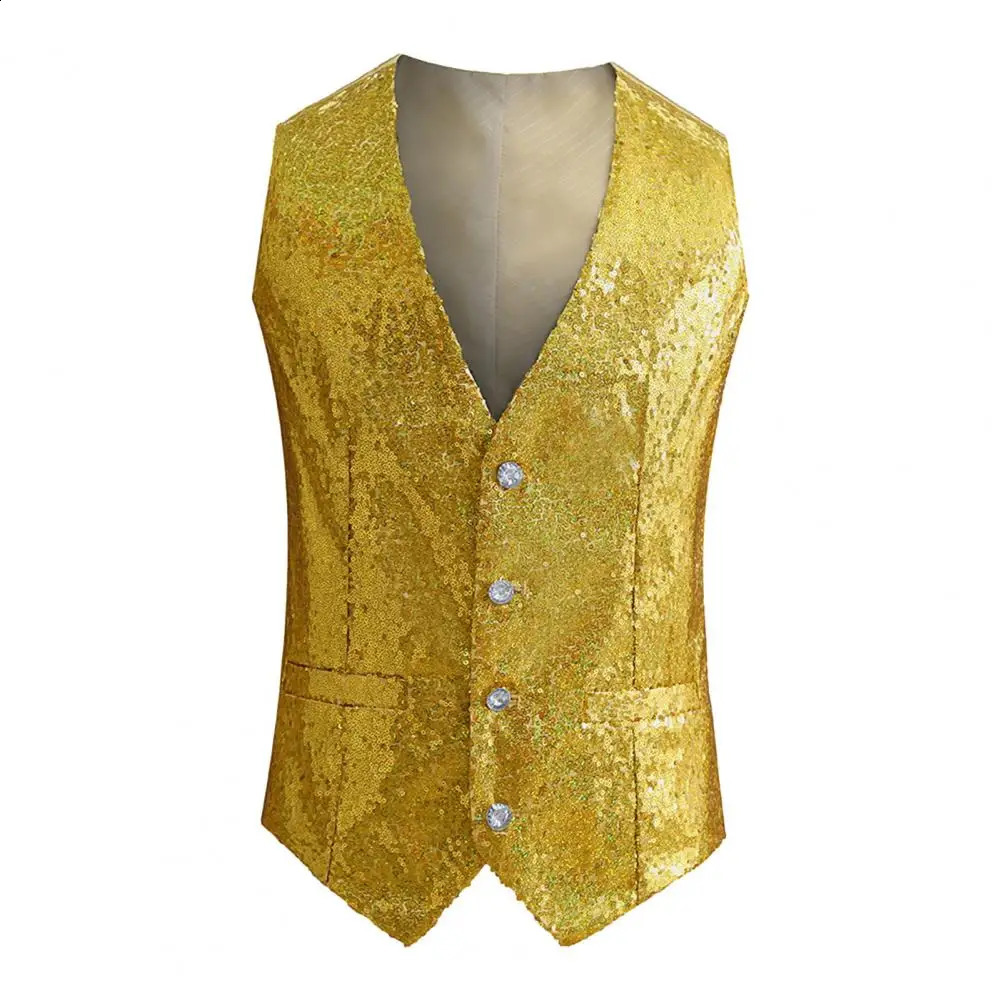 Mens Suit Vests Sequined Tank Top Suit Business Evening Wedding Party Blazer Button Waistcoat Shiny Gold Sequin Vest Jacket 250407
