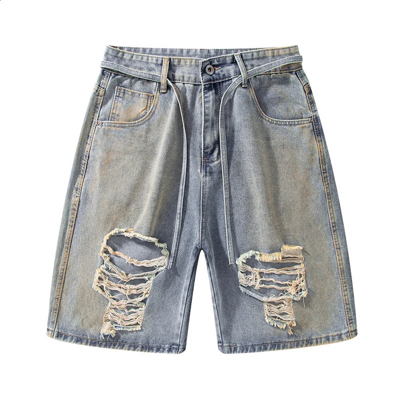 Mens denim shorts summer long street retro style Distressed Ripped five quarter pants 250411Z