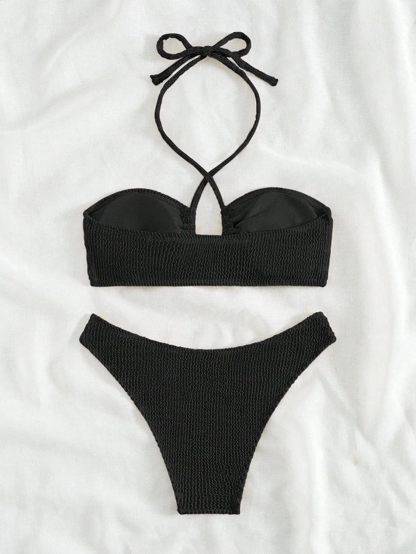 Bandeau halterneck lace-up bikini cross-border foreign trade European and American solid color style swimsuit suit 250411