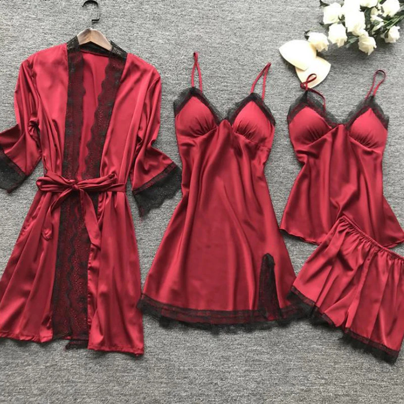 4 Pieces Womens Sexy Lace Pajamas Fashion V-Neck Gown Comfort Pajamas With Chest Pads Nightdress Casual Loungew 250409