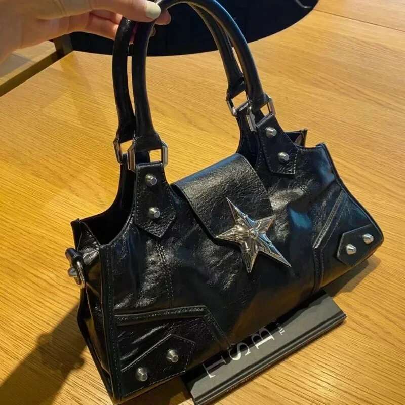 Y2K Gothic Star Girl Black Women Vintage Handbag Fashion Shoulder Bag Large Capacity PU Crossbody Goth Purse Punk Tote Bags
