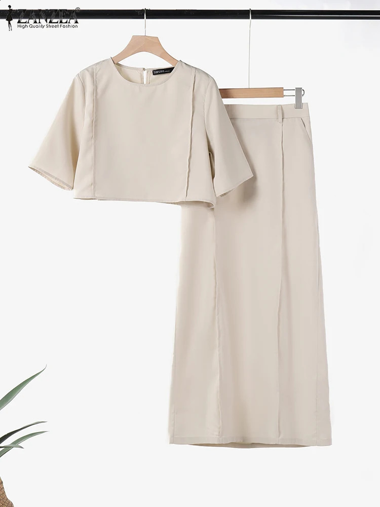 ZANZEA 2025 Summer Fashion Outfits Solid Half Sleeve Crop Tops Casual Women 2-Pieces Sets High Waist Skirts Pintuck Skirt Sets 250411