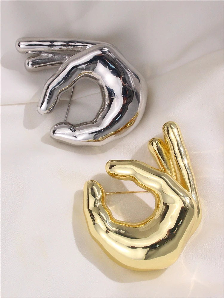 HUANQI Glossy Metal OK Gesture Hand drawn Palm Chest Suitable for Girls Competition Set Shawl Pin Creative Accessories 250407