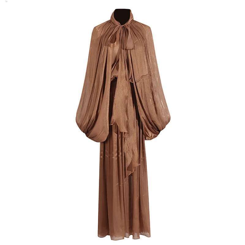PREPOMP 2025 Spring New Arrival Stand Collar Long Batwing Sleeve Lace-Up Maxi Dress Women Gt275