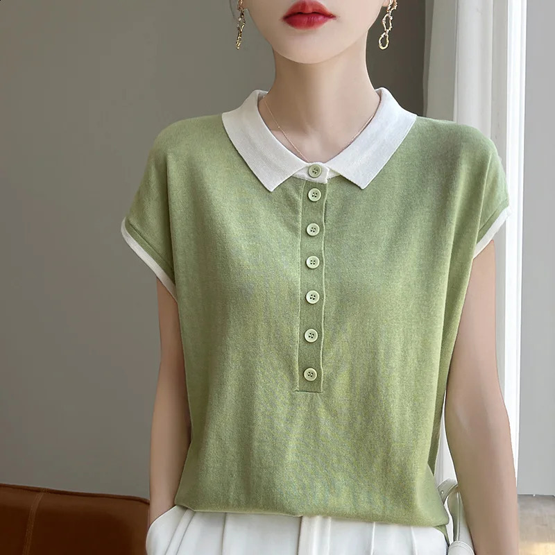 Womens T-shirts Spring/Summer Wool Knit Short Sleeve Casual Stitching Blouse Ladies Clothes Loose Tops POLO Neck Tees 250411
