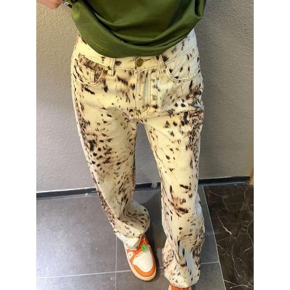 Baggy Wide Leg Women Waisted Retro Leopard Print Straight Jeans High Street Streetwear Y2k Vintage Denim Trousers