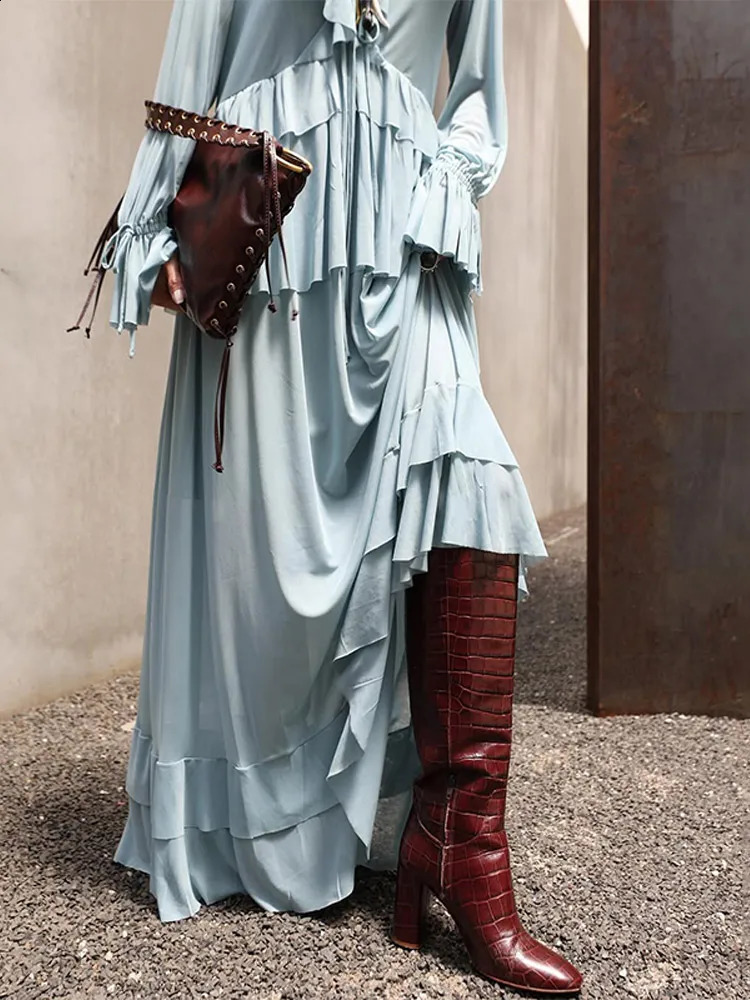 Women Blue Ruffles Hem Top Skirt Set Chic Long Flare Sleeve V Neck Blouse Loose Skirts Suit 2025 Summer High Street Lady Outfit 250411