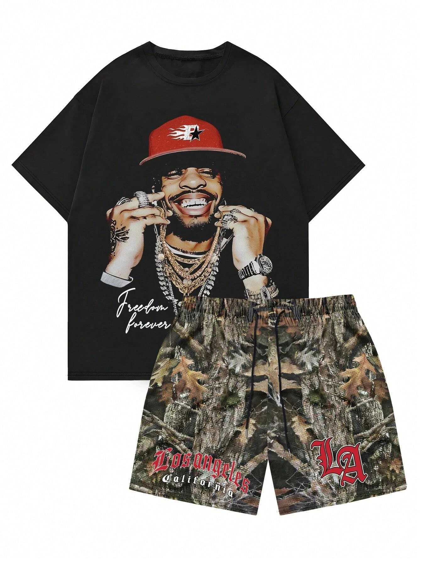 2 pieces of summer mens hip-hop 3D graphic printed round neck short sleeved casual top and shorts set Y2K streetwear fitness joggingXJ250412