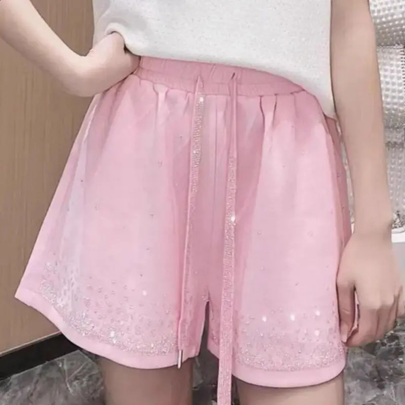 Plus Size Y2k Pink Shine Rhinestone Womens Shorts 150KG XL-4XL Summer Cool High-waist Short Sweet Lady Sport Short 250411