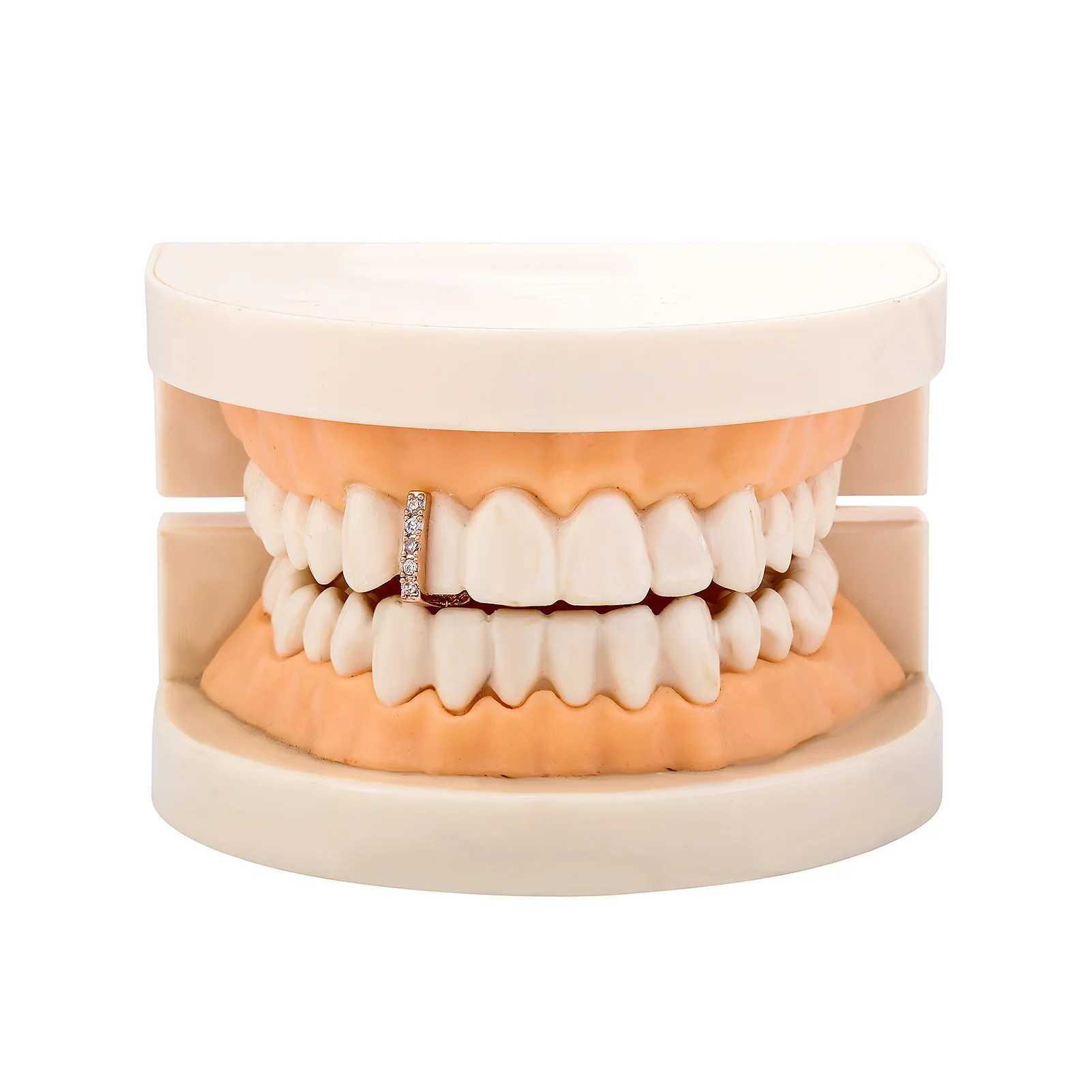 Rachelz Hip Hop Stand Bar Zircon Teeth Grillz 14K Gold Plated Long Rod CZ Stone Teeth Hat W250412