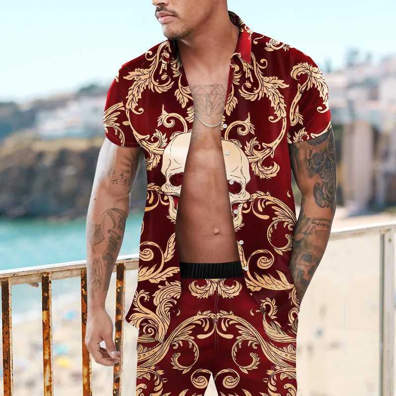 Retro Hawaii 2PCS set beach style mens 3D printed luxury summer set collar short sleeved Hawaiian shorts setXJ250412