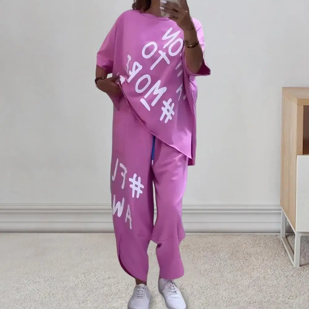 Summer Fashion Sporty Style Two Piece Set Women Casual Letter Print Tshirt Drawstring Sports Pants Two Piece Set Women 250411