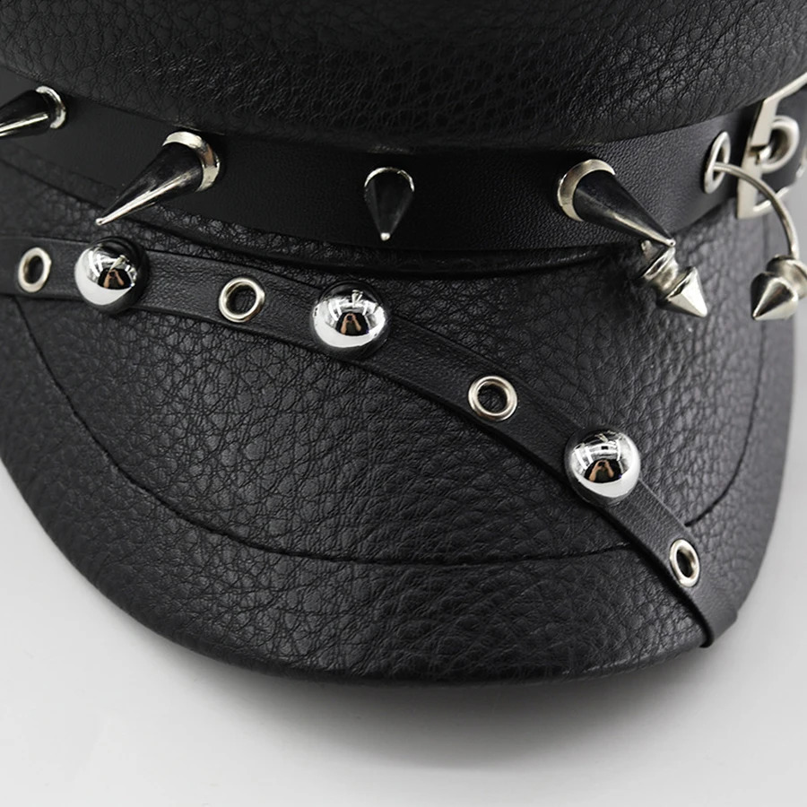 Womens Trendy Beret Black Pu Leather Flat Top Captain Military Caps Womens Accessories 250403