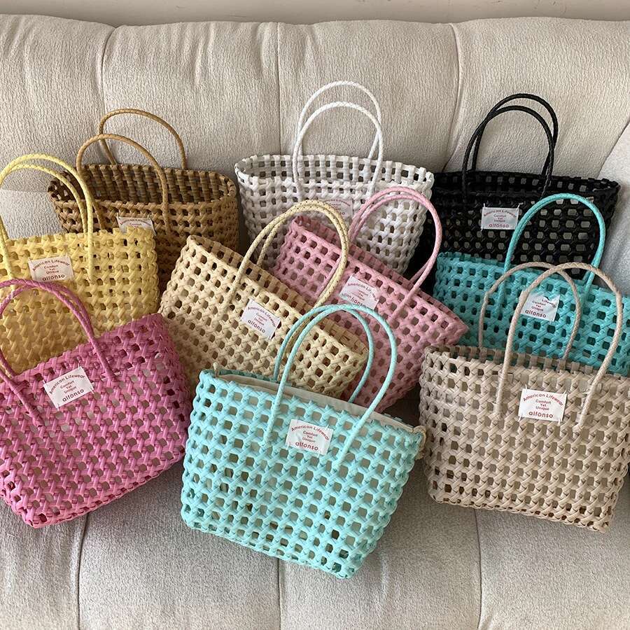 Ins Label Bag Woven Storage Vegetable Basket Vacation Travel Picnic Candy Color Women Hollow Outdoor Beach Handbagg