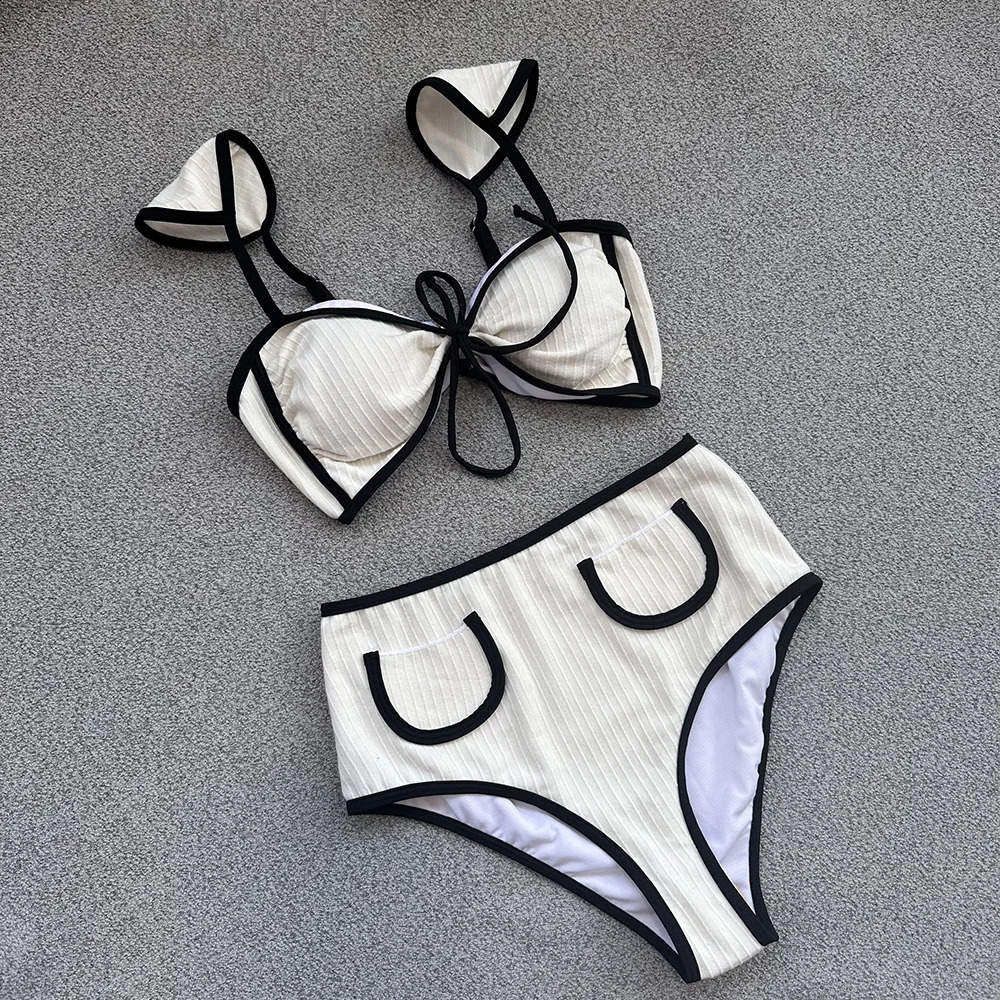 Ribbed bikini swimsuit womens high waisted swimsuit bandage bikini set high cut swimsuit biquini high waisted beach swimsuit 250408