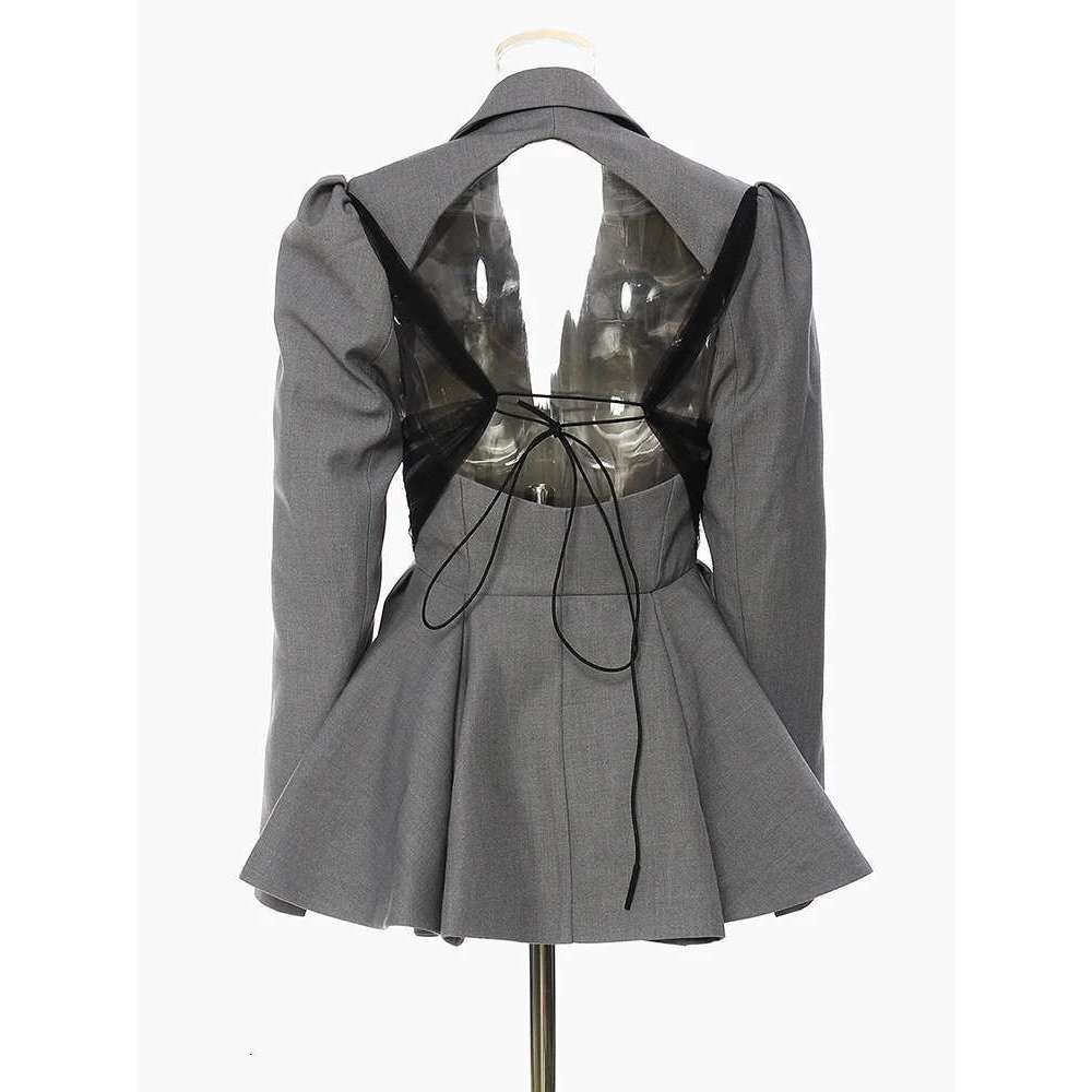 EAM Women Gray Backless Mesh Ruffles Elegant Blazer New Lapel Long Sleeve Loose Fit Jacket Fashion Spring Autumn 2025 1De9895