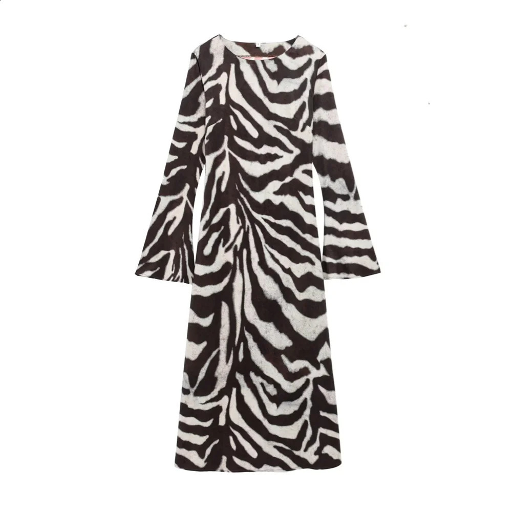 UNIZERA womens boat collar lapel long sleeved zebra print slim dress suitable for spring and summer casual clothing 250411