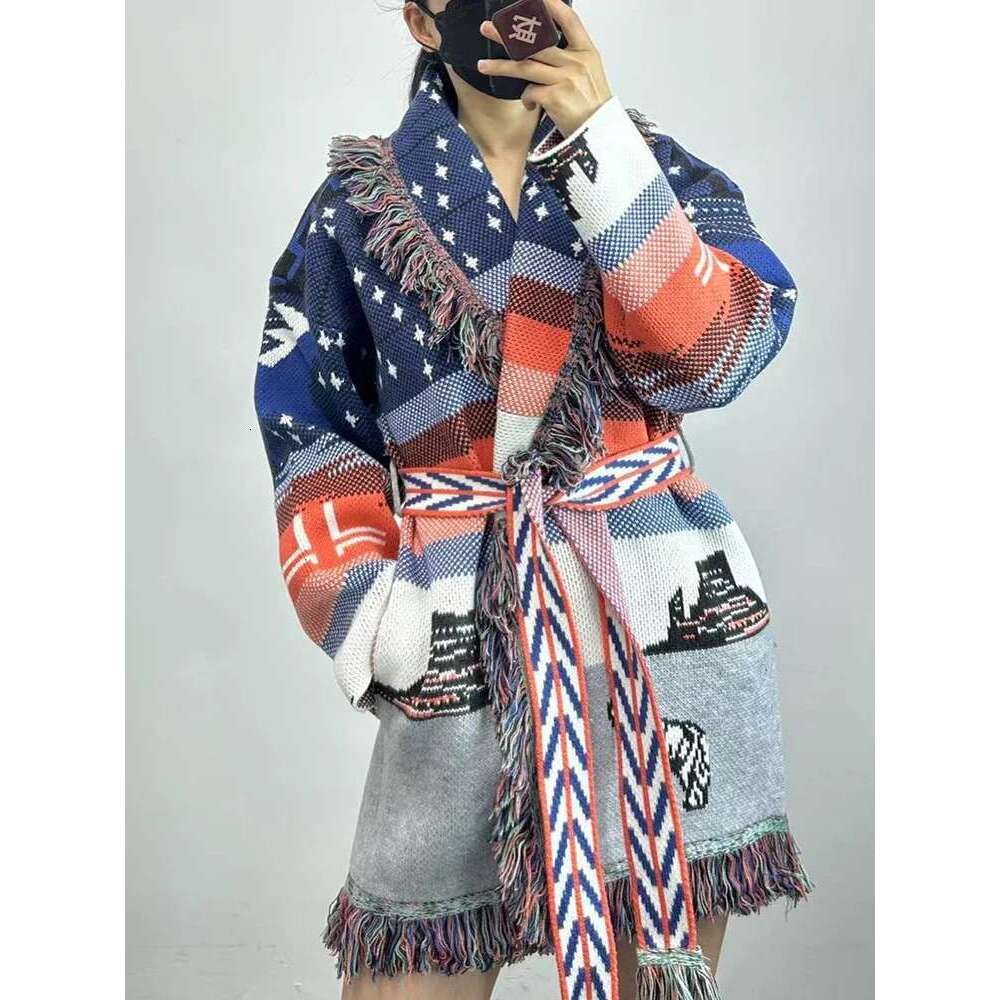 WQJGR High Quality Jacquard Cardigan Sweater Women Wool Cashmere Blue Kniited Tassel Loose Full Sleeve Fashion Autumn Winter