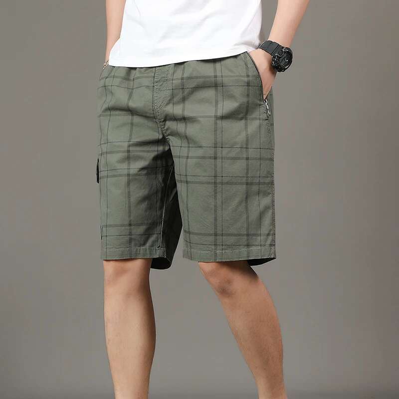 Summer Clothing Men's Solid Color Zipper Pockets High Waist Elastic Straight Cargo Knee Pants Boyfriend Office Lady Shorts
