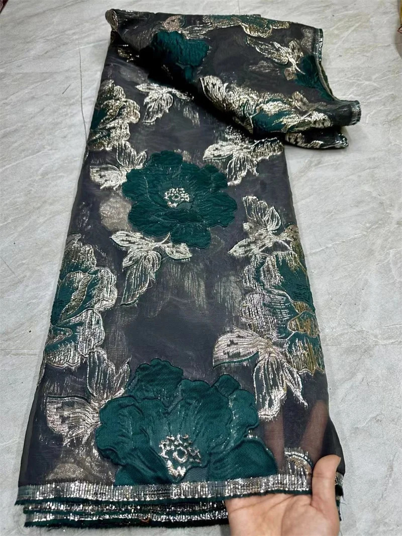 African Jacquard Organza Brocade Fabric 2024 Nigerian Damask Tulle Mesh Gilding Lace French Net Material Brocard Tissu 5Yard CJ6 250407
