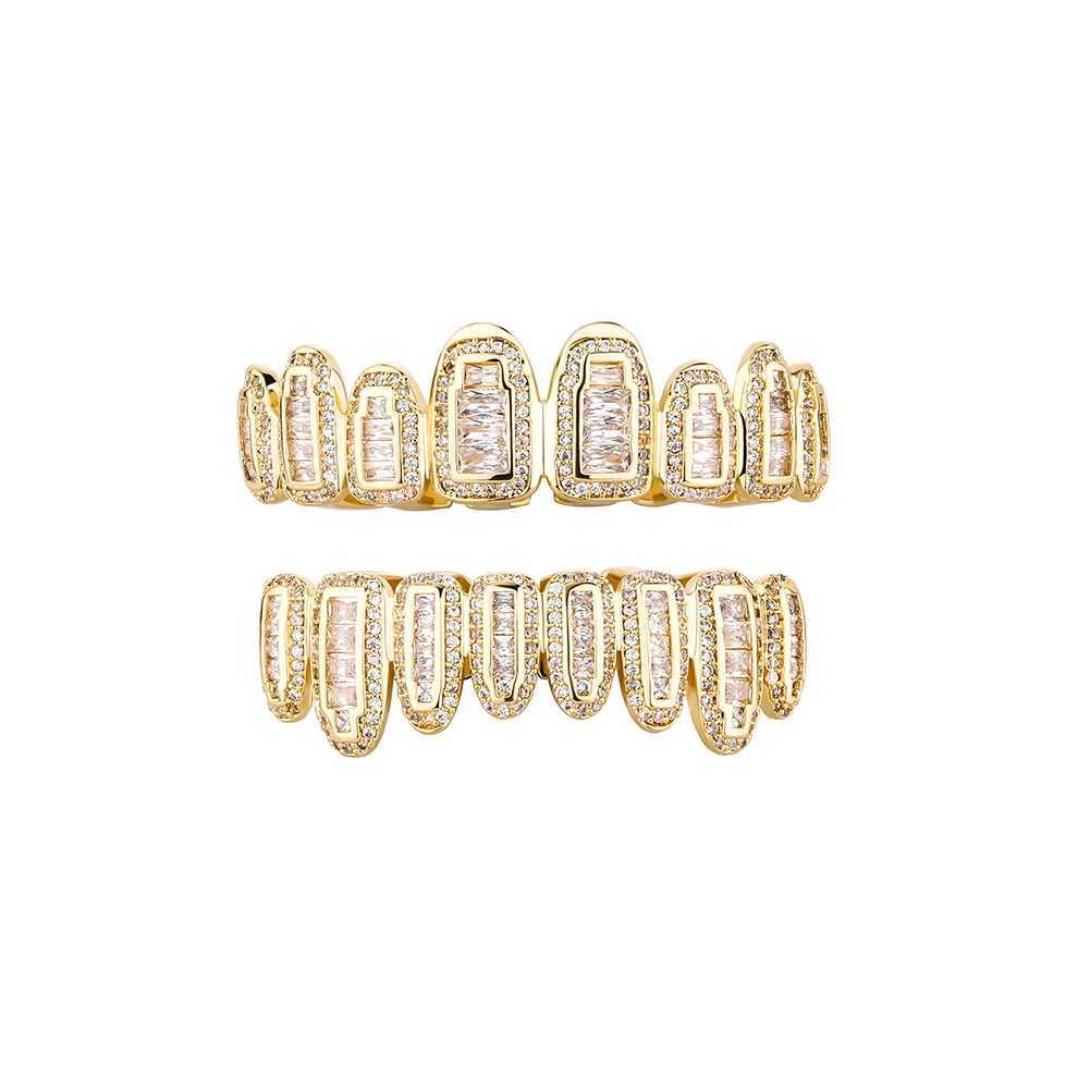 TOPGRILLZ Ice Sparkling Baguette Round Polyester CZ Tooth Matte 8 Top 8 Bottom Teeth Set Vampire Matte Mouth Jewelry W250412