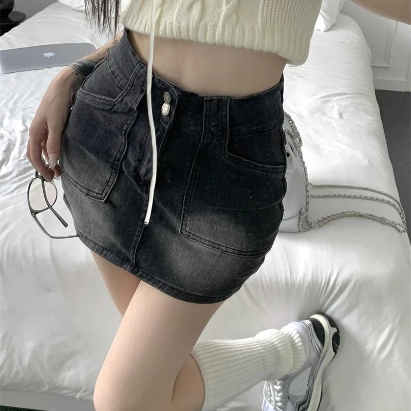 Women High Waist Gothic Streetwear Skirts Jeans s Vintage Denim Mini Dress Female Preppy Style Blue Black Straight Skirts 250407