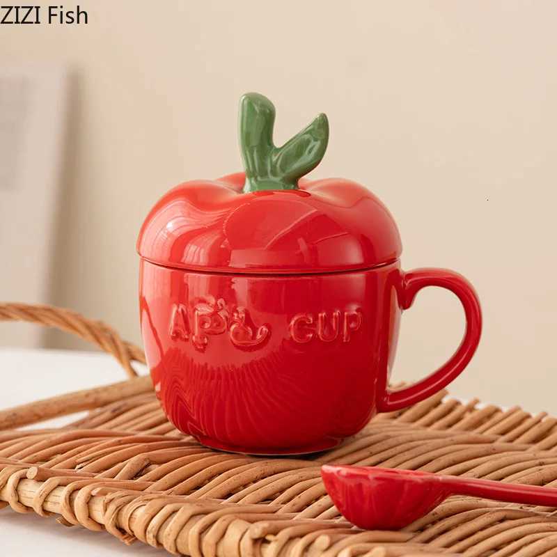Christmas Ceramic Mug Cartoon Apple Fruit Shape Cover Band Tomato Coffee Cup Childrens Breakfast Milk Mug Festivals Birthday Present Y251112