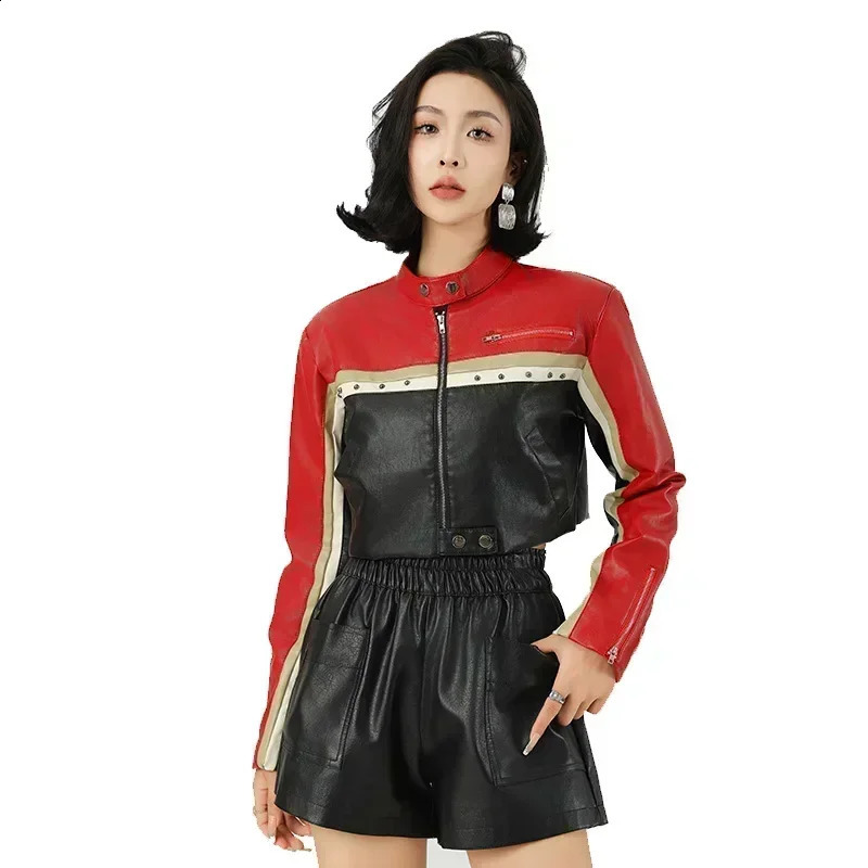 SpringAutumn Womens Fashion Punk Bike Core Color Block Zipper Stud Details Crop PU Leather Jacket Y2K Short Coat 250411