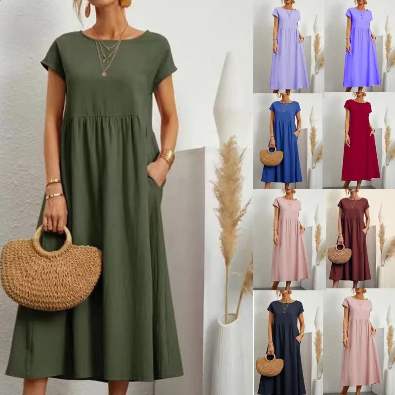 Women Vintage Solid Dress Summer Elegant O Neck Short Sleeve Cotton Linen Dresses Female Casual Loose Sundress Long Dress 250411