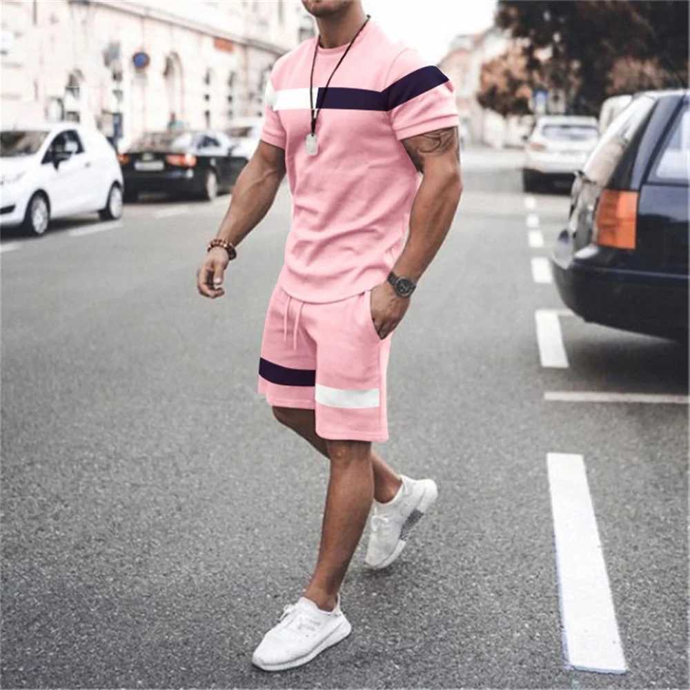 New mens sportswear T-shirt line 3D printing casual plus size track and field clothing mens summer clothing mens two-piece setXJ250412