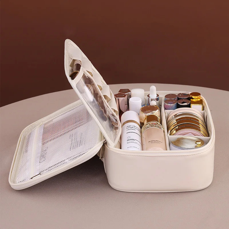 PU large capacity handbag makeup bag portable travel organizer Tolietry cosmetics storage bag womens double-layer bag 250410