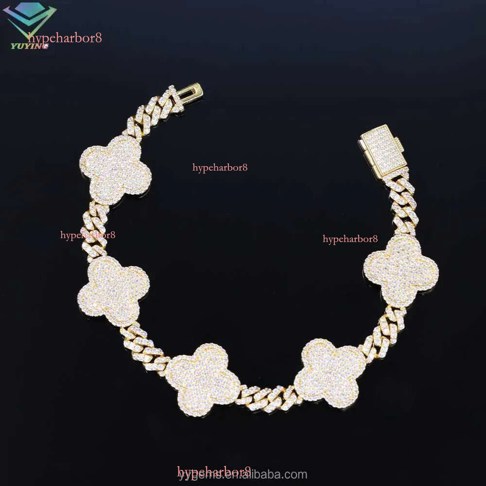 Yu Ying Clover Gold Sterg Sier VVS Moissanite Cuban k Chain Bracelet for Hip Hop Jewelry