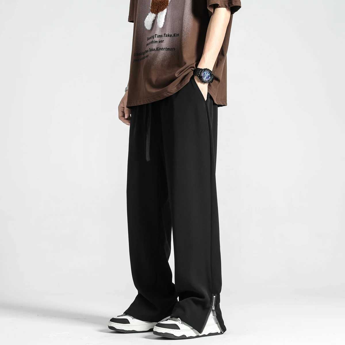 2024 summer new lightweight Korean mens casual suit pants straight loose sports pants soft split zipper design luggage Trouser W250411