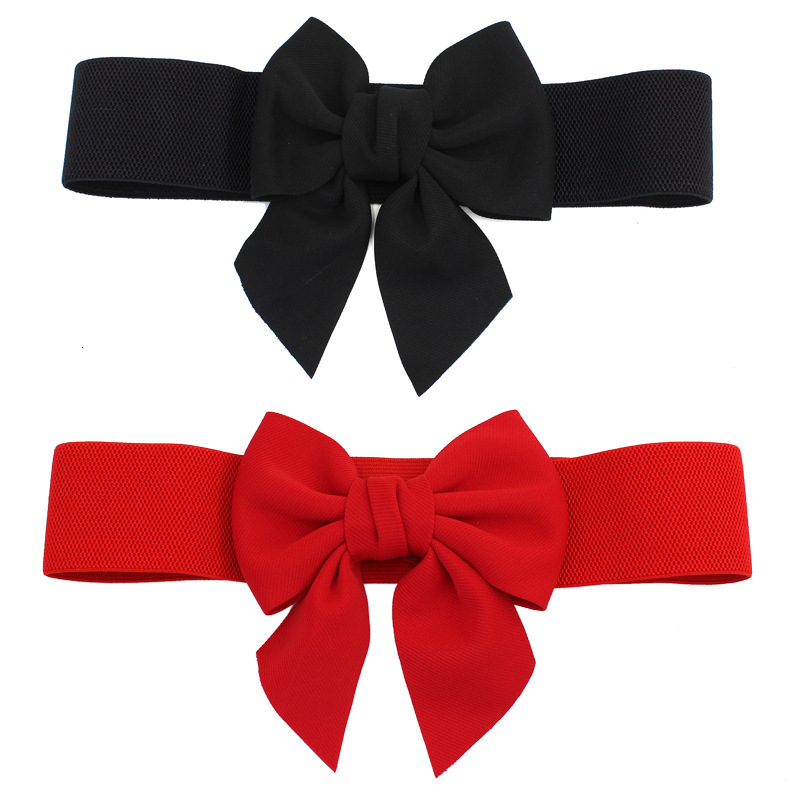 Versatile sweet pure cotton fabric bow elastic waistband wide belt women's dress decoration