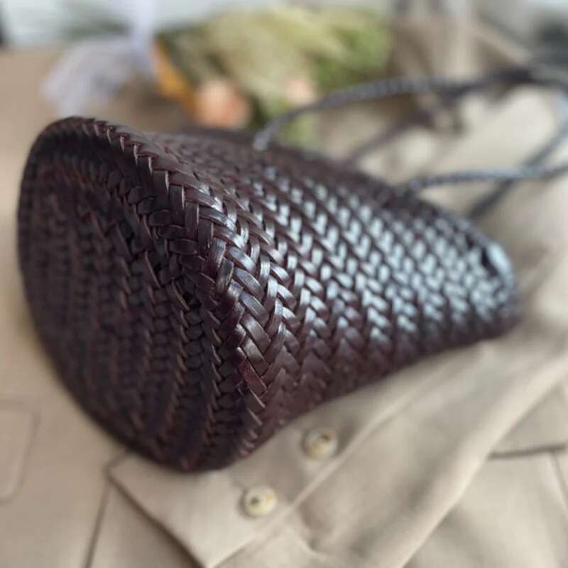 French retro first layer cowhide leather woven bucket bag Leather Woven Vegetable Basket Bag Women