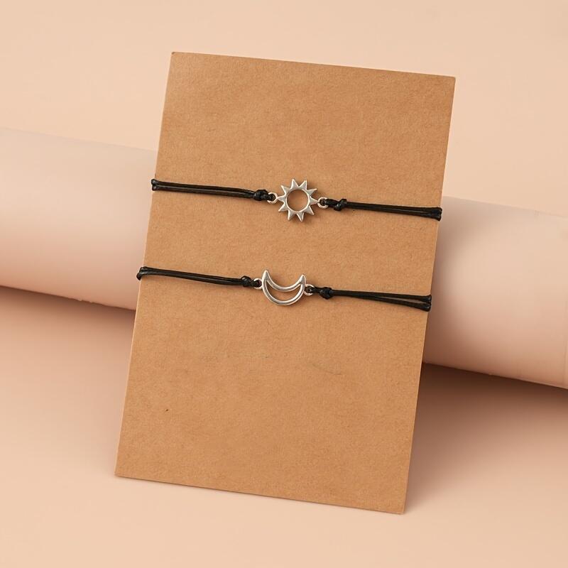 Friendship Bracelets - Adjustable Black Cord with Gold Sun and Sier Moon Charms