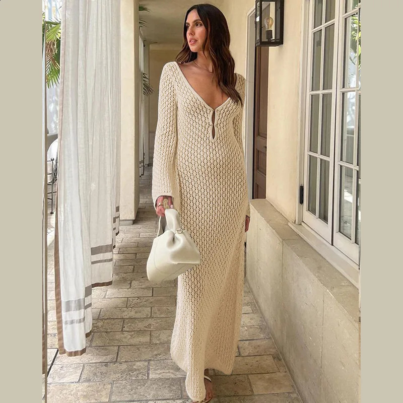 Sexy Women White Long Knit Sleeve Bikin Fashion Cover up Female See-Through Deep V-Neck Hollow-Out Beach Knitwear Backless Dress 250411