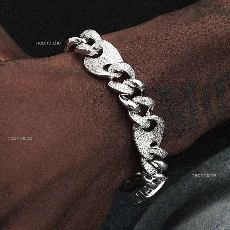 Hiphop 12-14mm Pig Nose Cuban Chain Jewelry Fashion VVS Iced Out Moissanite Dia Gold Bracelet for Men's