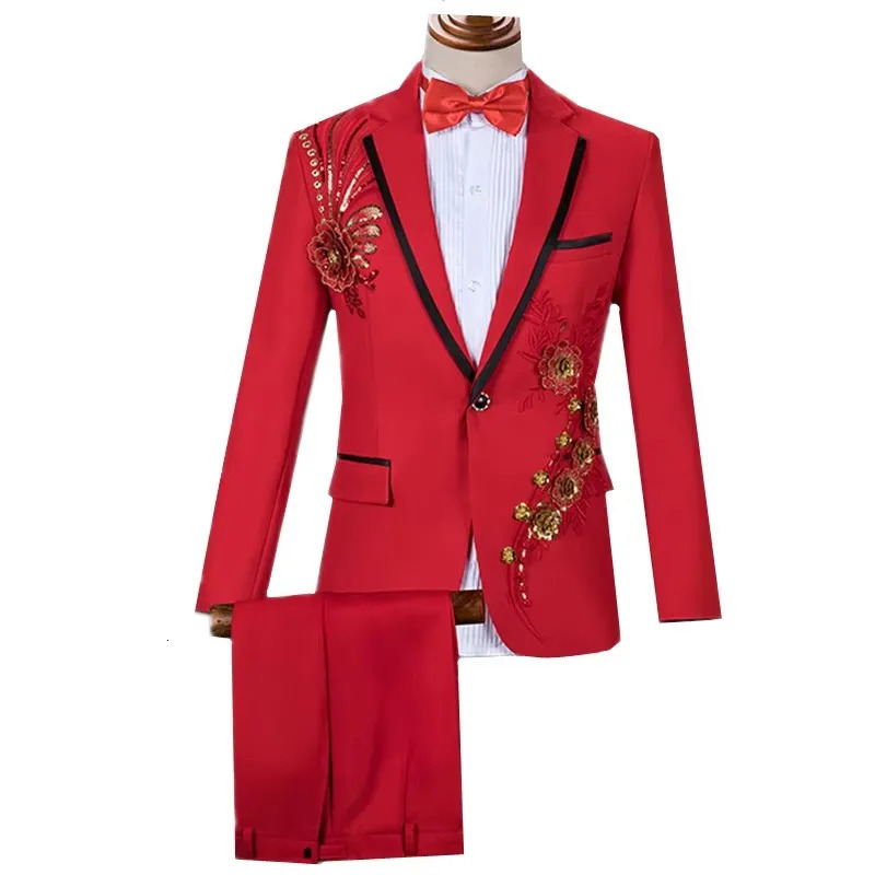 Men Wedding Suit 2 Piece Blue / Red Fashion Singer Host Dance Party Decal Dress Set Slim Male Blazer and Pant 251105