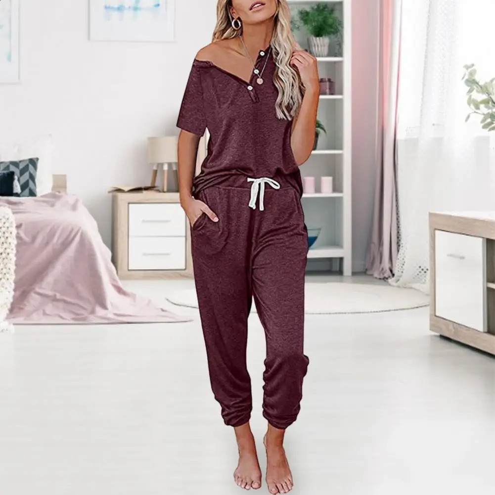 2 Pcs/Set Women Summer Tracksuit Buttons Short Sleeves Loose Elastic Waist Drawstring Sports Pullover Pockets V Neck T-shirt Tro 250411